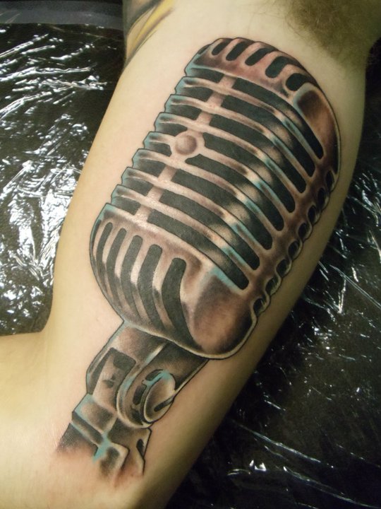 Nice Microphone Tattoo On Inner Bicep Bicep