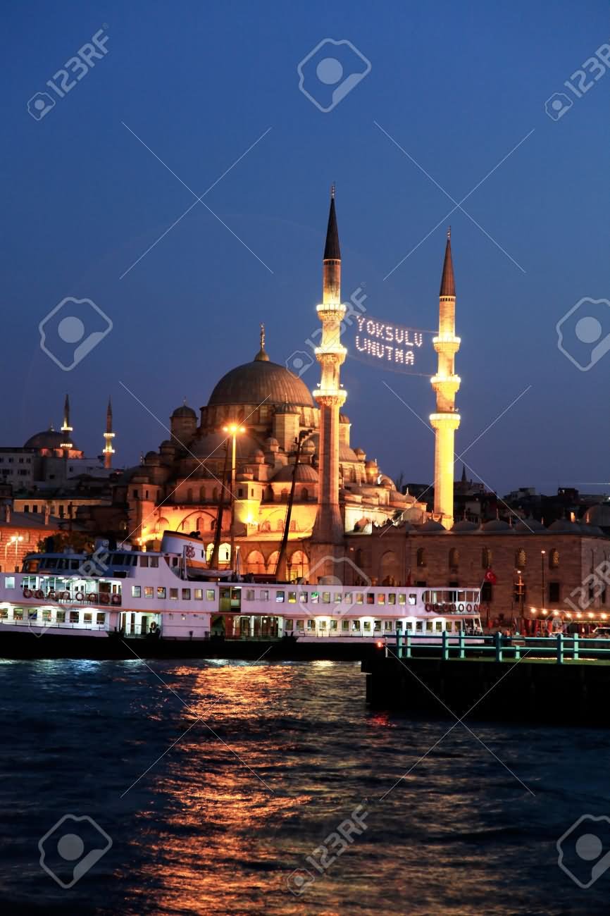 Night View Of The New Mosque Yeni Cami In Istanbul