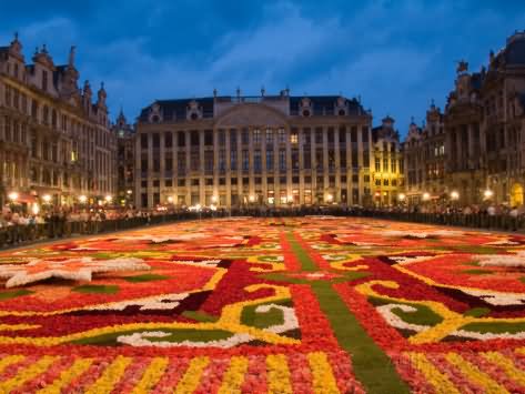 Night View Of the Grand Place With Flowers Carpet In Brussels, Belgium