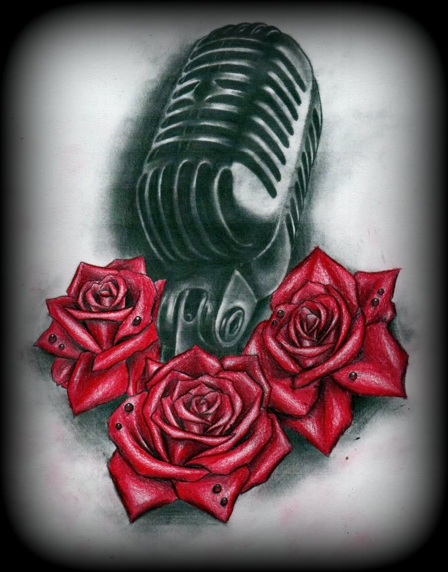 Old School Roses Microphone Tattoo Design by Slabzzz