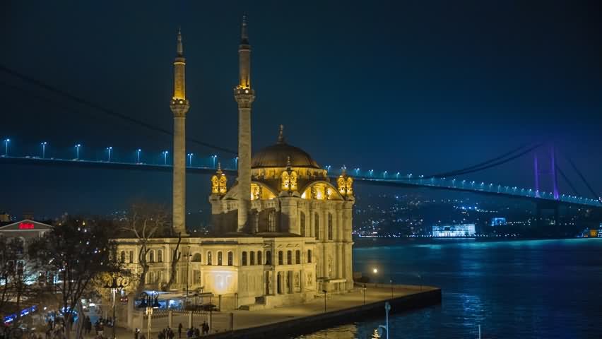 Ortakoy Mosque And The Bosphorus Bridge At Night In Istanbul