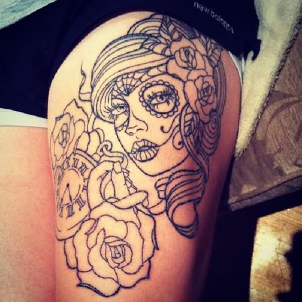 Outline Day Of The Dead Tattoo On Thigh