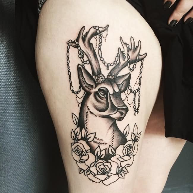 Outline Rose And Deer Head Tattoo On Side Thigh