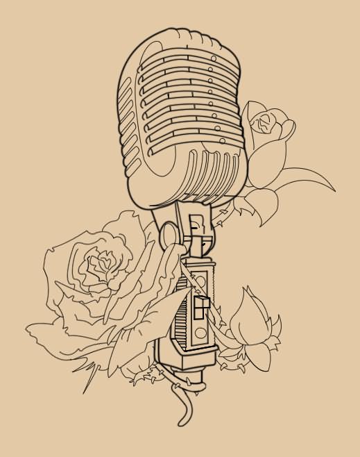Outline Rose And Microphone Tattoo Design Idea