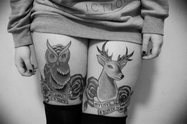 Owl And Deer Tattoos On Both Thigh
