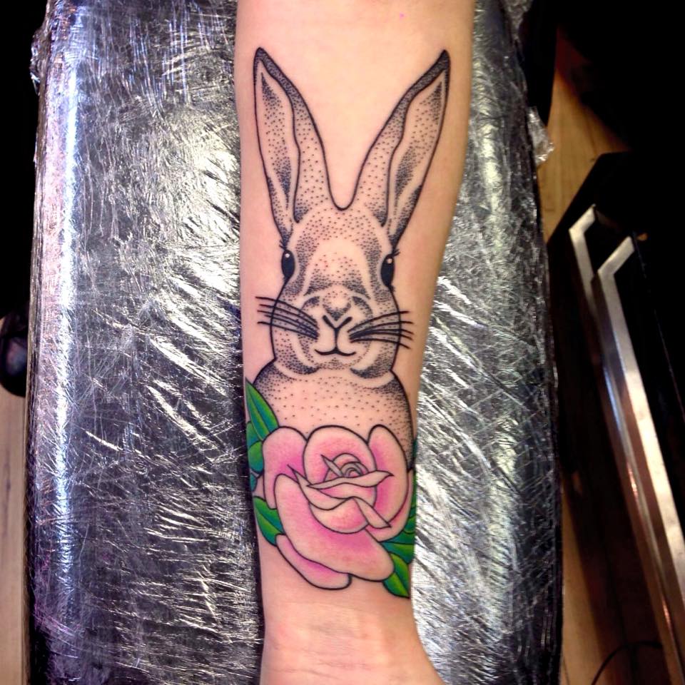 Pink Rose And Rabbit Tattoo On Forearm by Holly