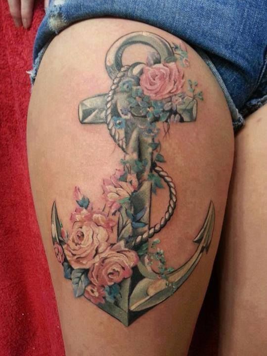 Pink Rose Flowers And Anchor Tattoo On Right Thigh