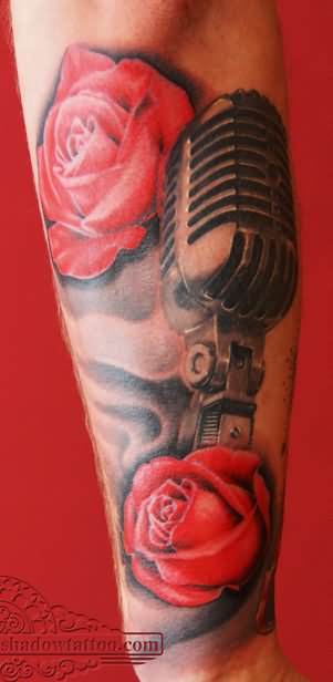 Pink Rose Microphone Tattoo On Forearm