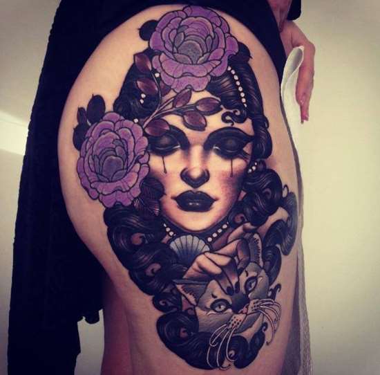 Purple Flower And Girl Head Tattoo On Thigh