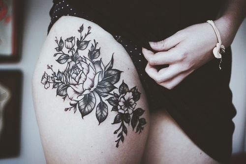 Realistic Grey Rose Tattoo On Thigh