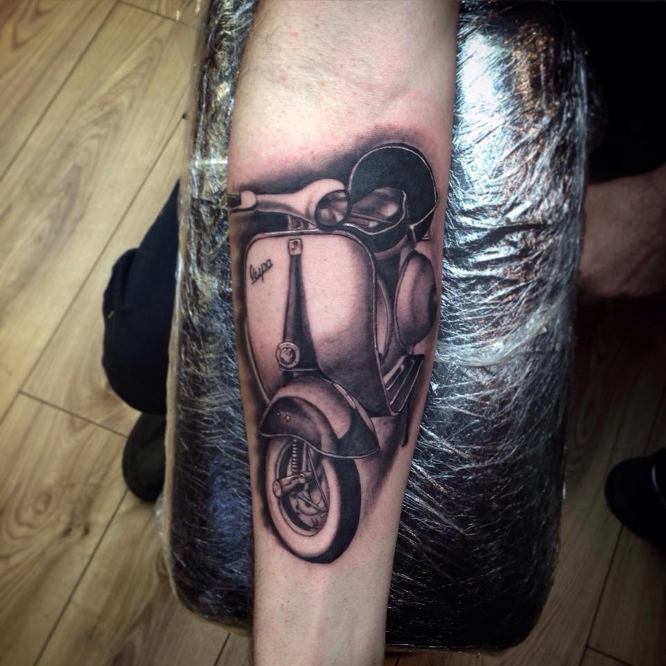 Realistic Vespa Scooter Tattoo On Forearm by Paul Priestley