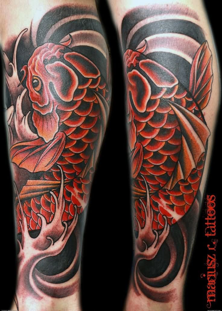 Red And Black Koi Fish Tattoo Design For Leg Calf