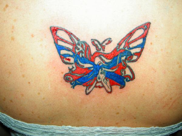 Red And Blue Rebel Flag Butterfly Tattoo Design
