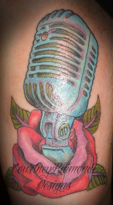 Red Rose And Blue Microphone Tattoo