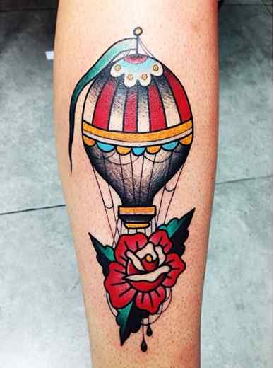 Red Rose And Hot Balloon Tattoo On Forearm