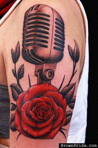 Red Rose And Microphone Tattoo On Left Shoulder