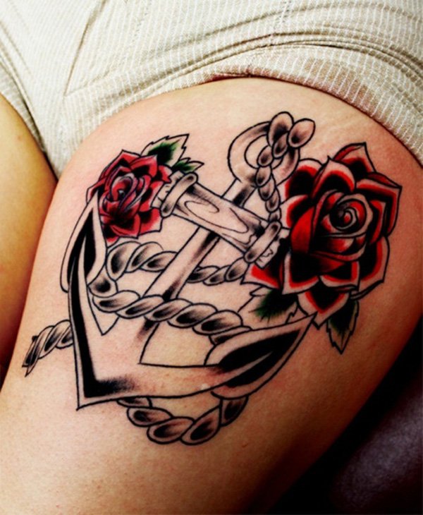 Red Rose Flowers And Anchor Tattoo On Left Thigh
