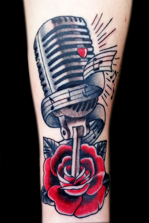 Red Rose Microphone Tattoo On Arm