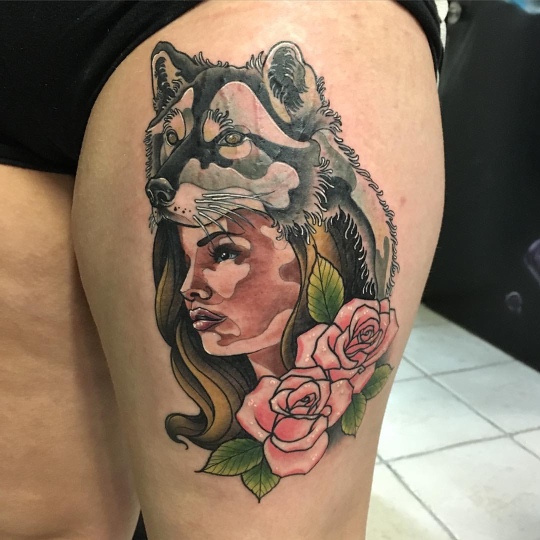 Red Roses And Wolf Girl Tattoo On Left Thigh