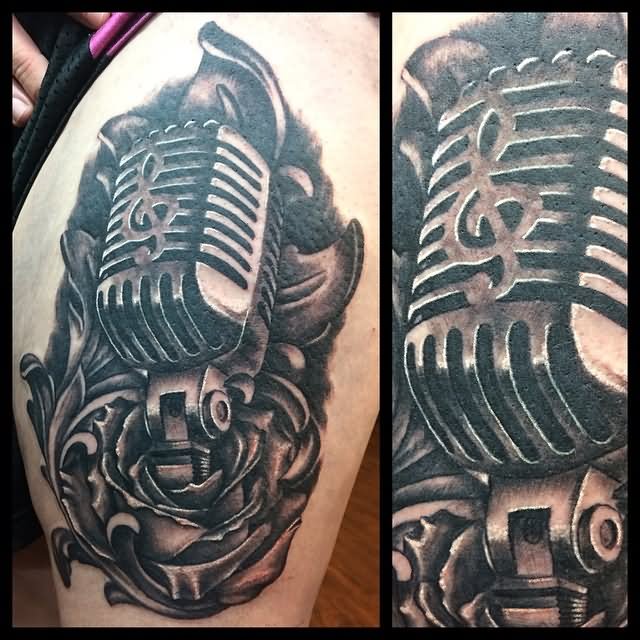 Realistic Grey Microphone Tattoo On Leg