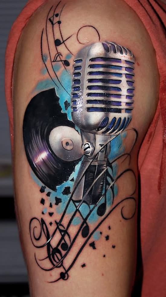 Retro Microphone Tattoo On Shoulder