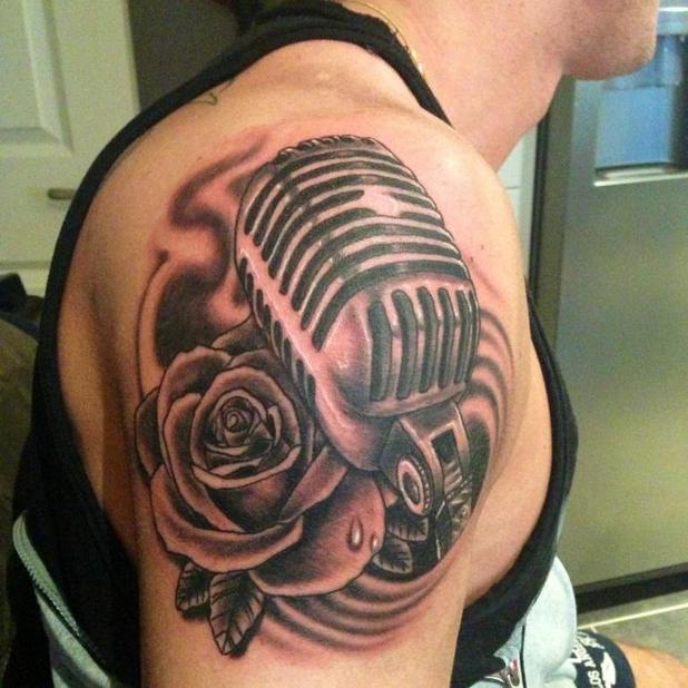 Right Shoulder Grey Ink Microphone Rose Tattoo