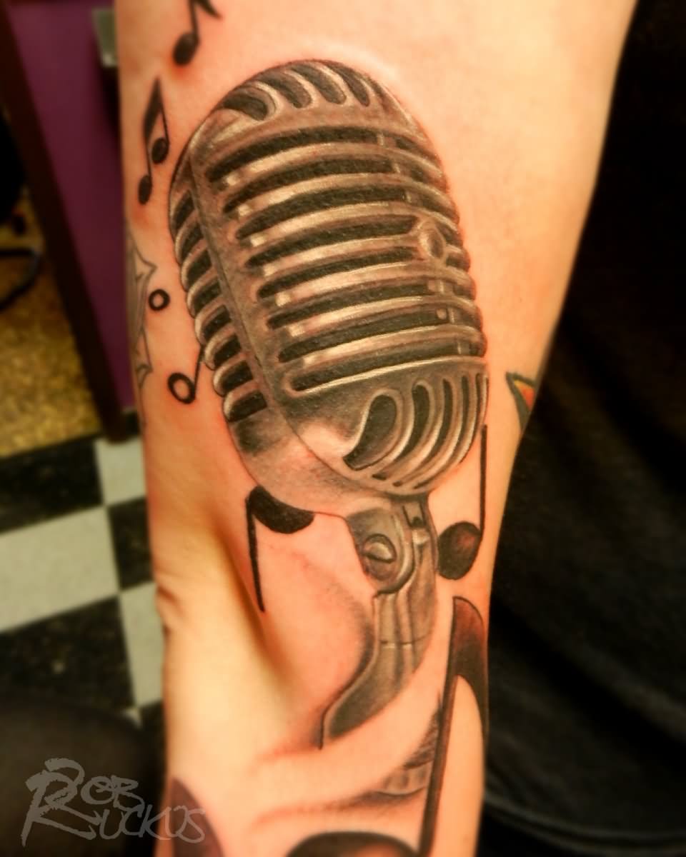 Right Sleeve Grey Ink Microphone Tattoo