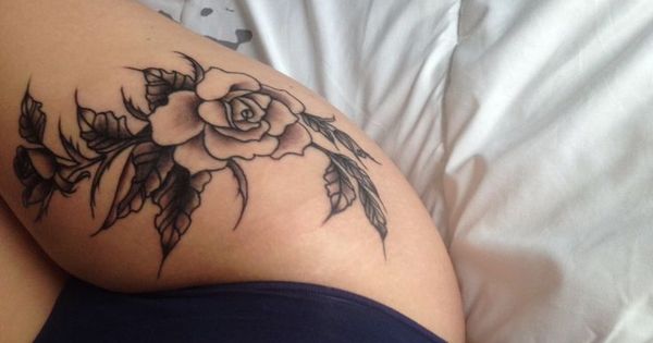 Right Thigh Grey Rose Flower Tattoo