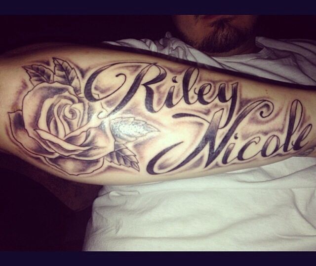 Riley Nicole Name With Rose Tattoo Design For Right Forearm