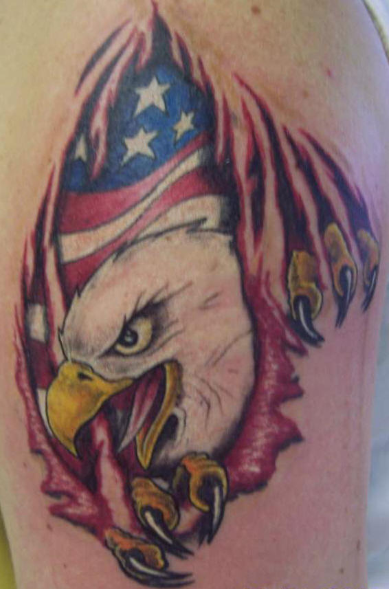 Ripped Skin Eagle Head With USA Flag Tattoo Design For Sleeve