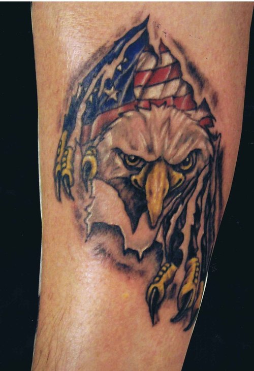 Ripped Skin Eagle With USA Flag Tattoo Design For Sleeve