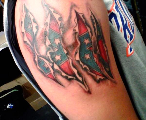 Ripped Skin Rebel Flag Tattoo Design For Right Shoulder