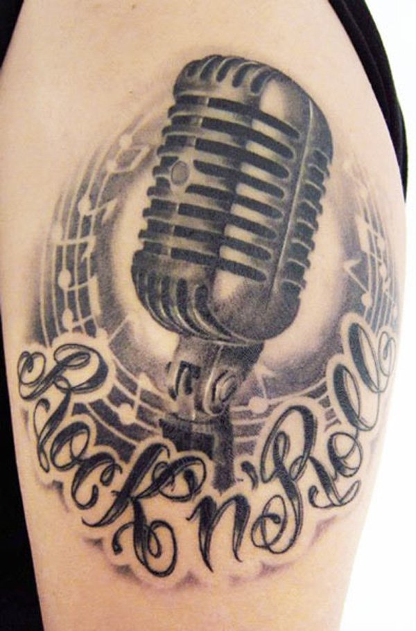 Rock n Roll Microphone Tattoo On Bicep