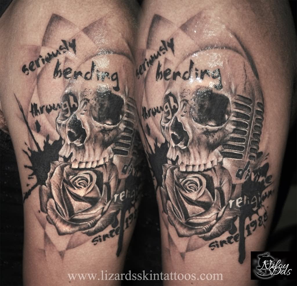 Rose Flower And Skull Microphone Tattoo