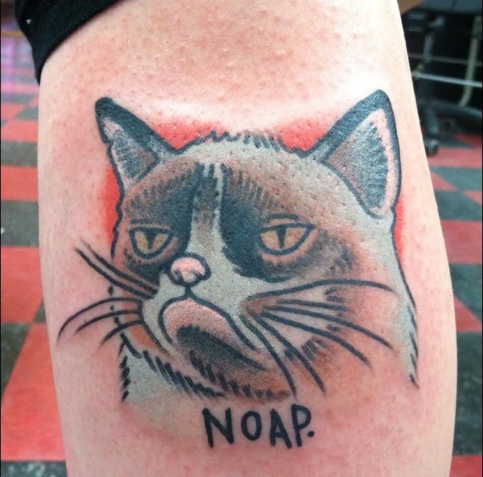 Sad Grumpy Cat Face Tattoo by Jesse Bink