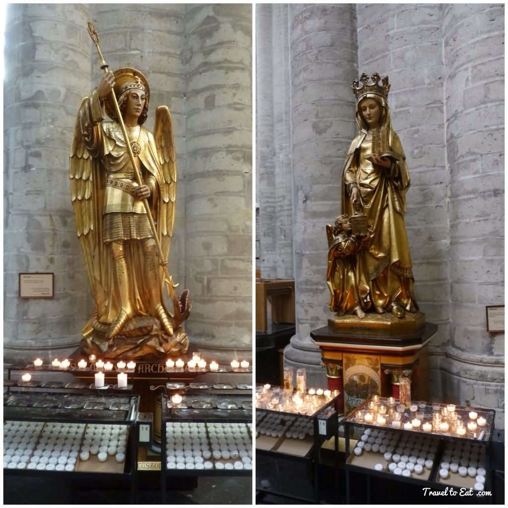 Saint Michael On Left Side And Saint Gudula On Right Side Statues Inside The St. Michael And St. Gudula Cathedral