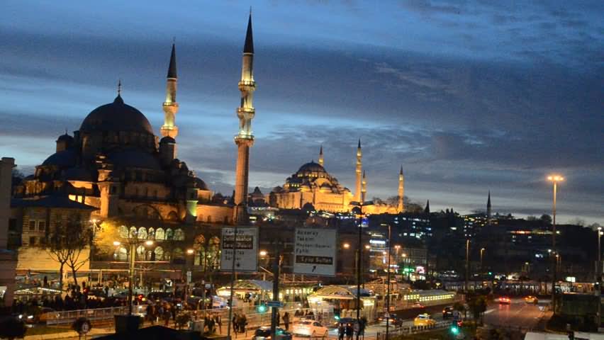 Side View Of Yeni Cami Mosque At Night
