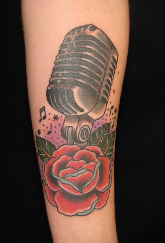 Simple Red Rose And Microphone Tattoo On Sleeve