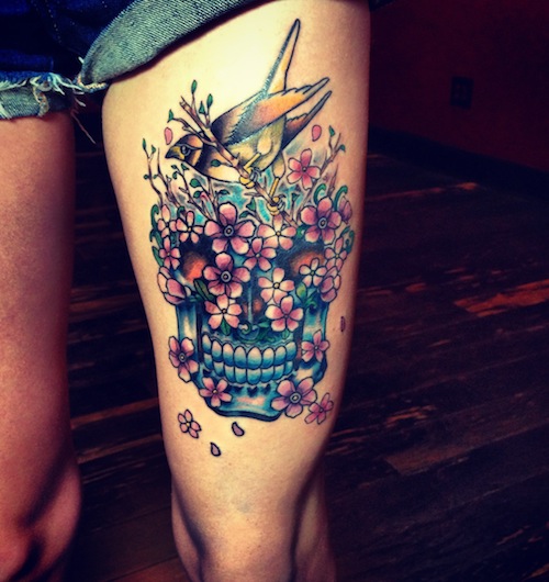 Skull And Flowers Tattoo On Left Thigh