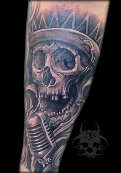 Skull With Mic Tattoo On Sleeve