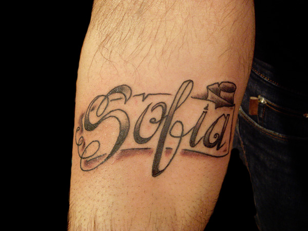 Sofia Name In Banner Tattoo Design For Forearm