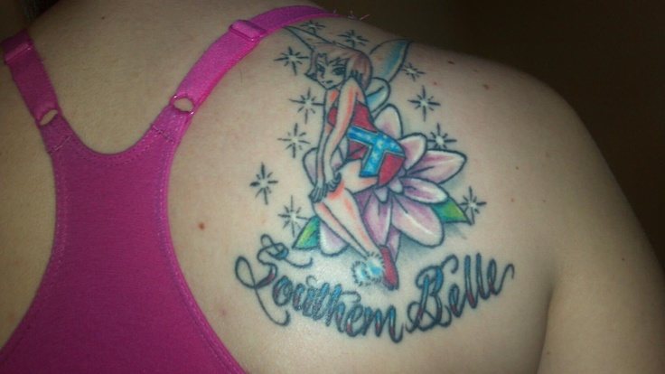 Southem Belle - Rebel Flag Fairy Tattoo On Right Back Shoulder