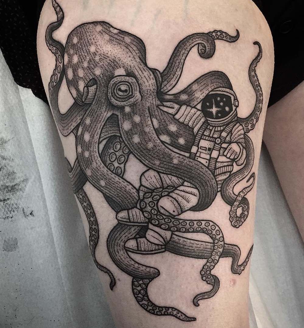 Spaceman Tattoo And Octopus Tattoo On Thigh