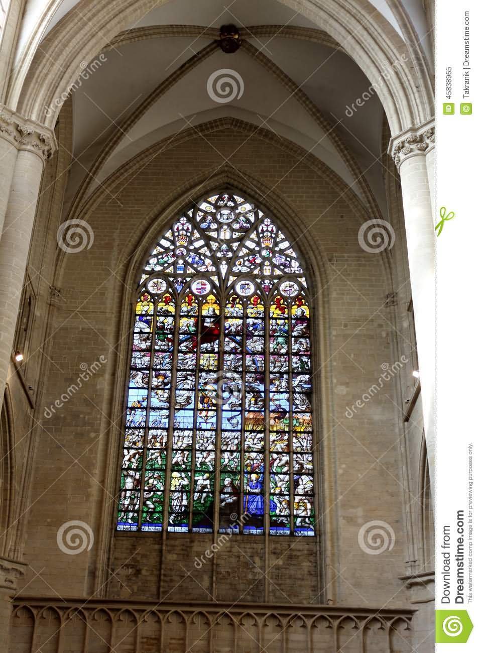 Stained Glass Window Inside The Cathedral of St. Michael and St. Gudula