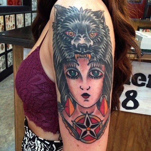 Star And Wolf Girl Tattoo On Left Half Sleeve
