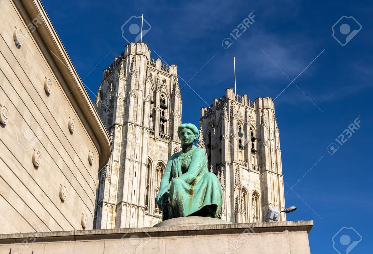 Statue In Front Of St. Michael And St. Gudula Cathedral In Brussels, Belgium