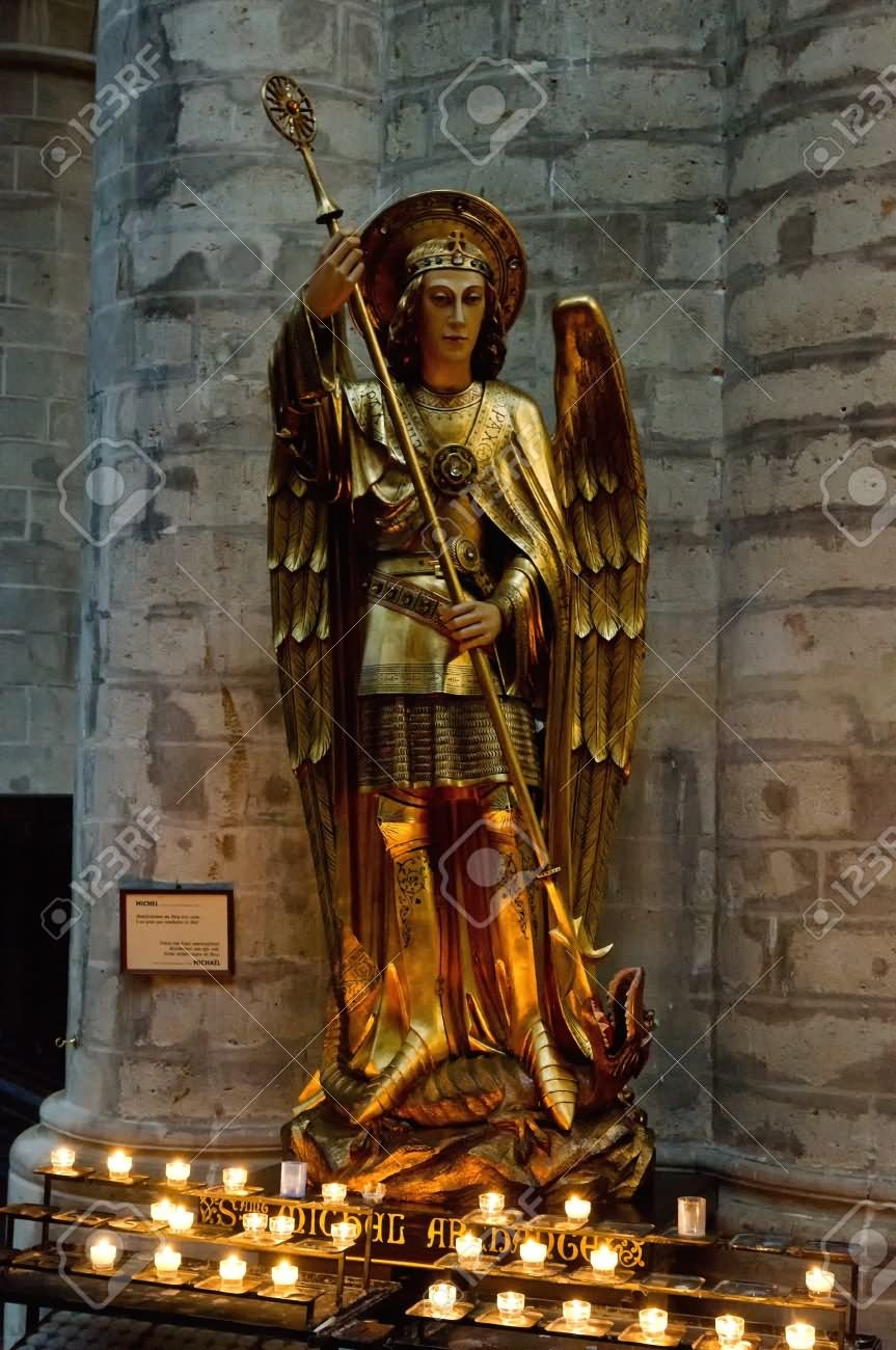 Statue Of St. Michael Inside The St. Michael and St. Gudula Cathedral In Brussels