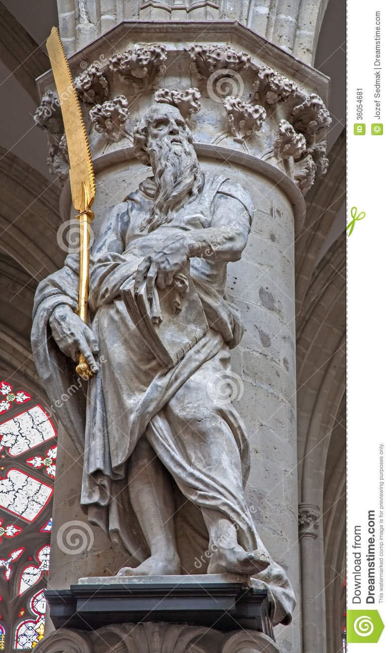 Statue Of St. Simon The Apostle Inside Cathedral of St. Michael and St. Gudula