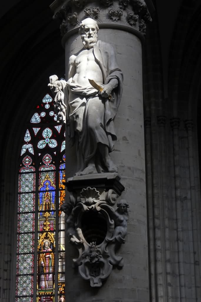 Statue of St. Bartholomew at The Cathedral of St. Michael and St. Gudula