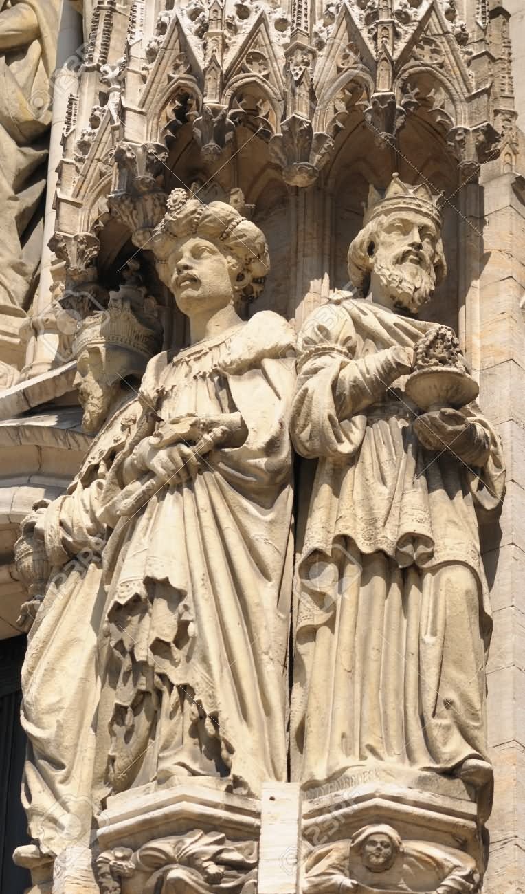 Statues Of Personages From Bible On Exterior Walls Of St. Michael And St. Gudula Cathedral In Brussals